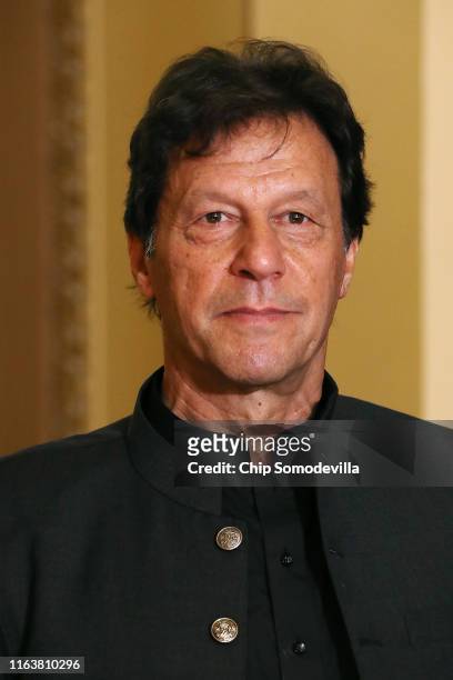 Pakistan Prime Minister Imran Khan makes a brief statement to reporters before a meeting with U.S. House Speaker Nancy Pelosi at the U.S. Capitol...