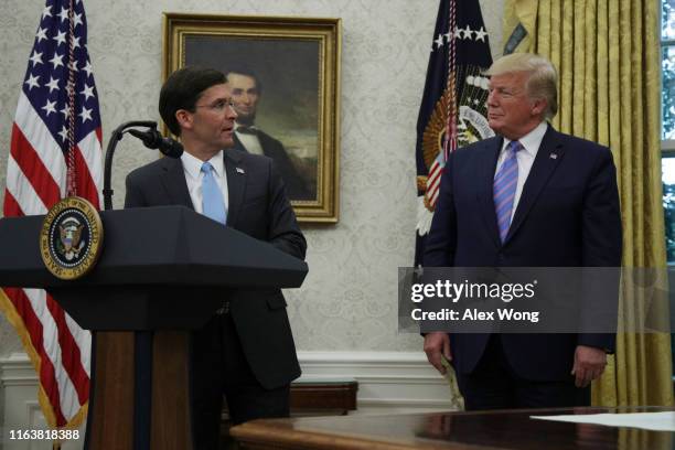 Mark Esper speaks during his swearing in ceremony to be the new U.S. Secretary of Defense as U.S. President Donald Trump looks on July 23, 2019 in...