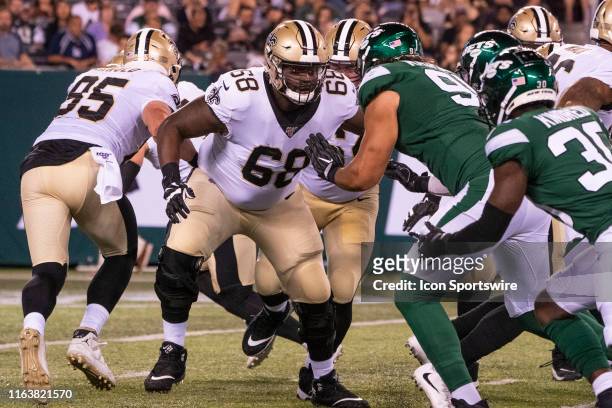 New Orleans Saints Offensive Tackle Derrick Kelly II blocks New York Jets Defensive End Bronson Kaufusi during the second half of the National...