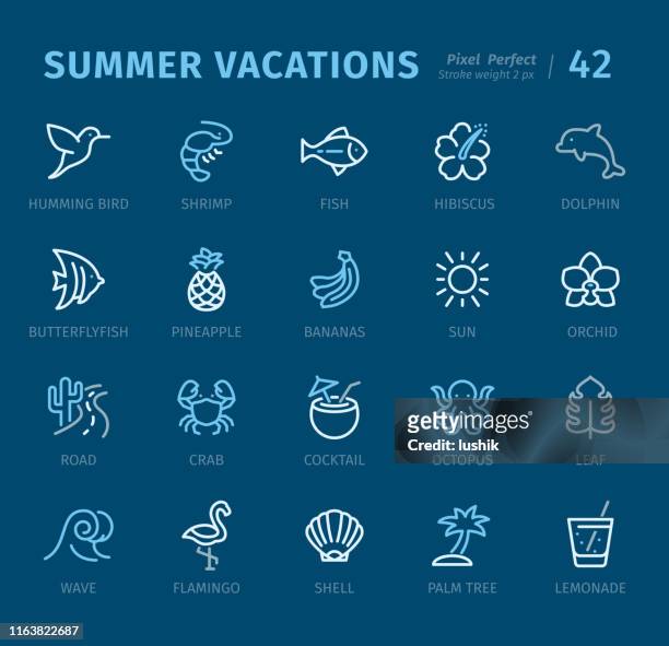 summer vacations - outline icons with captions - oyster pearl stock illustrations