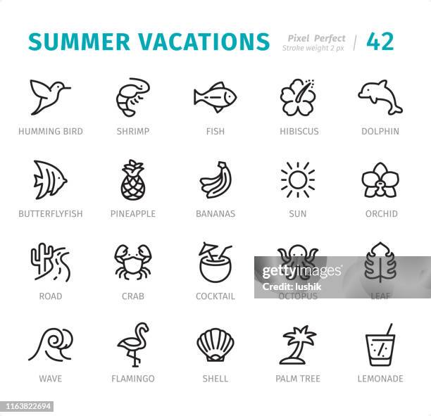 summer vacations - pixel perfect line icons with captions - coconut shrimp stock illustrations