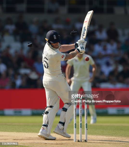 Ben Stokes of England is hit in the helmet by a delivery from Josh Hazlewood during the third Specsavers test match between England and Australia at...