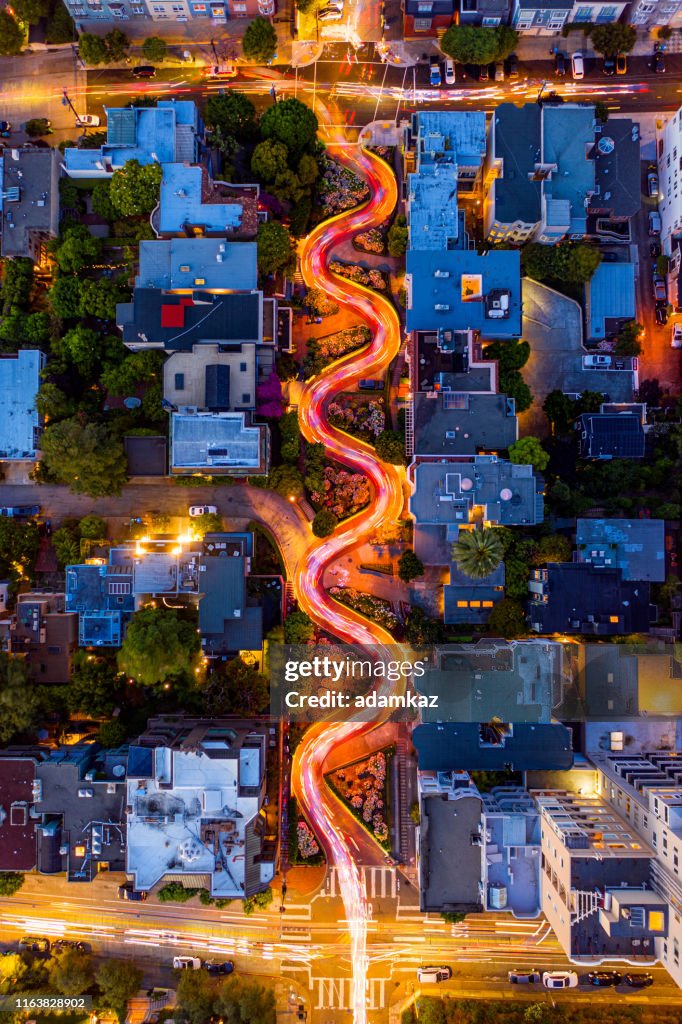 Aerial Long Exposure Lombard Street Traffic San Francisco