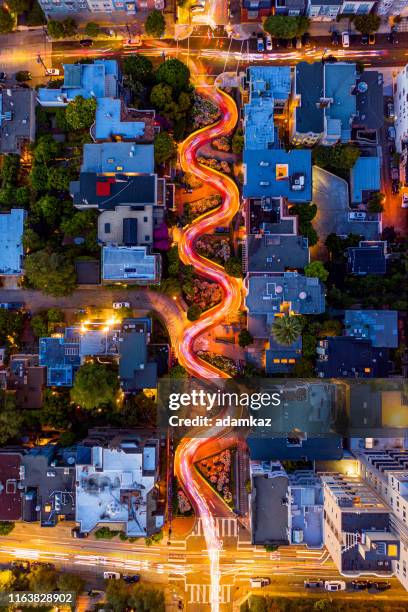 aerial long exposure lombard street traffic san francisco - san francisco california stock pictures, royalty-free photos & images