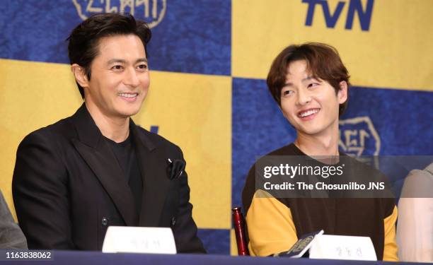 Jang Dong-Gun and Song Joong-Ki attend tvN drama "Arthdal Chronicles" premiere at Imperial Palace Hotel on May 28, 2019 in Seoul, South Korea.