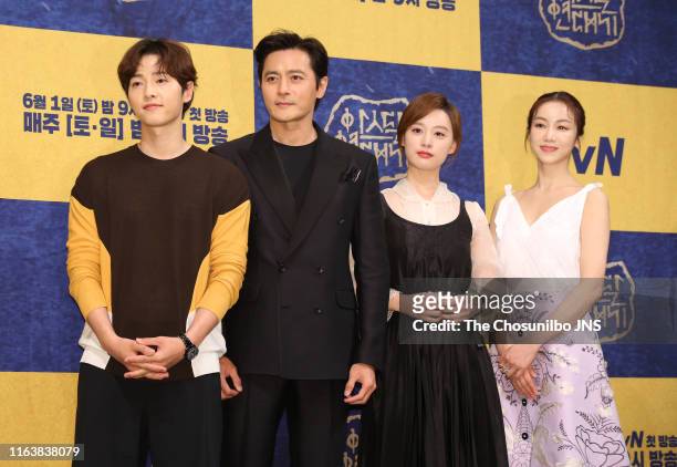 Song Joong-Ki, Jang Dong-Gun, Kim Ji Won and Kim Ok-Bin attend tvN drama "Arthdal Chronicles" premiere at Imperial Palace Hotel on May 28, 2019 in...