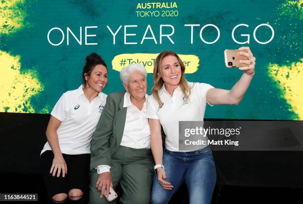 Australian Olympians Chloe Esposito, Dawn Fraser and Sally Pearson pose for a selfie during the Australian Olympic Committee Tokyo 2020 Media Event...