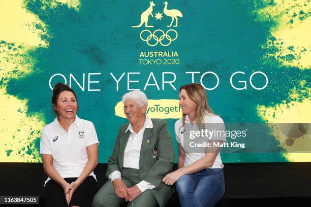 Australian Olympians Chloe Esposito, Dawn Fraser and Sally Pearson pose during the Australian Olympic Committee Tokyo 2020 Media Event at Qantas...