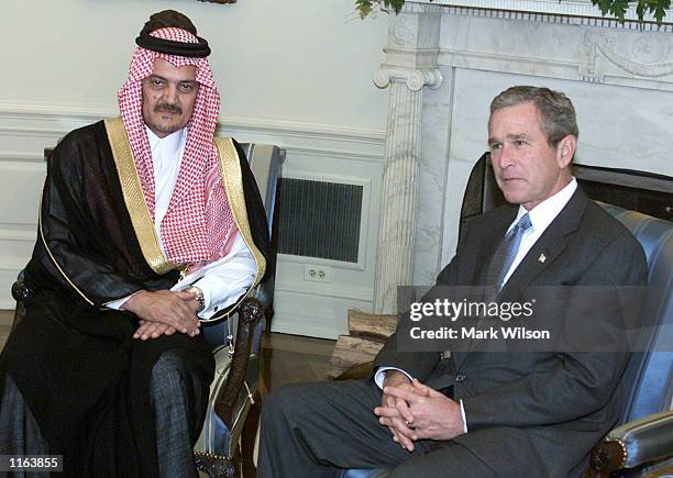 President George W. Bush meets with Saudi Foriegn Minister Saud al-Faisal in the Oval Office of the White House September 20, 2001 in Washington, D.C.