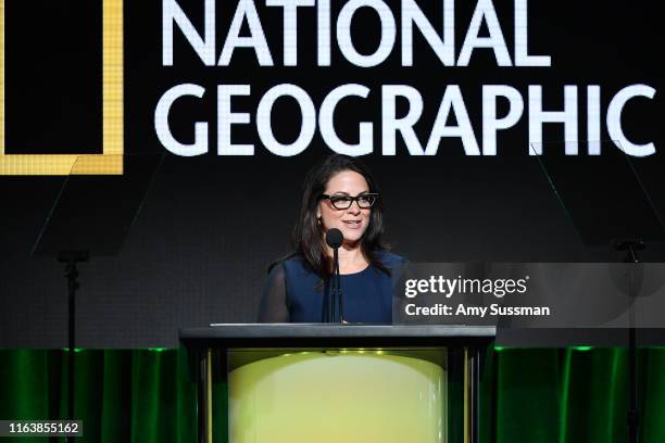 Courteney Monroe introduces National Geographic Channels' TCA panels at The Beverly Hilton Hotel on July 23, 2019 in Beverly Hills, California.