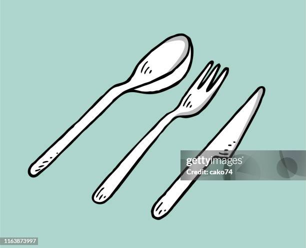 hand drawn fork knife and spoon - fork spoon stock illustrations
