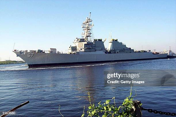 The destroyer USS Cole is re-launched September 14, 2001 in the waters in Pascagoula, MS after repairs on her hull were completed. The Navy...