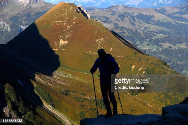 Silhouette of a mountain hiker. Mont Blanc Massif, French Alps. France.