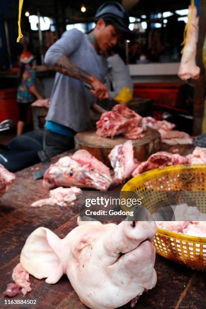 Traditional market butcher shop. Meat for sale. Ha Tien. Vietnam.