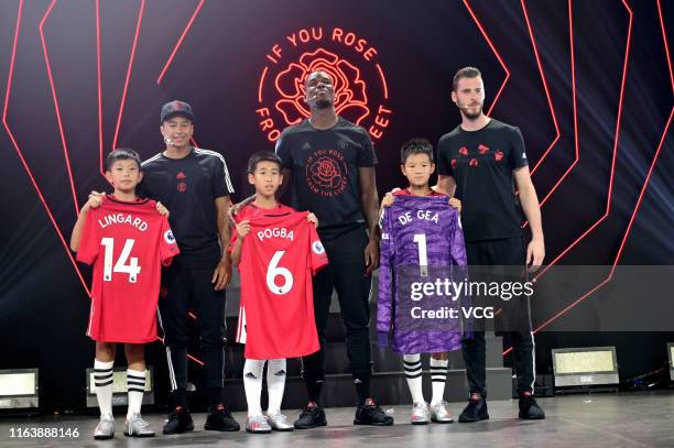 English footballer Jesse Lingard , French footballer Paul Pogba and Spanish footballer David de Gea attend the launch of the new Ultra Boost Rose...