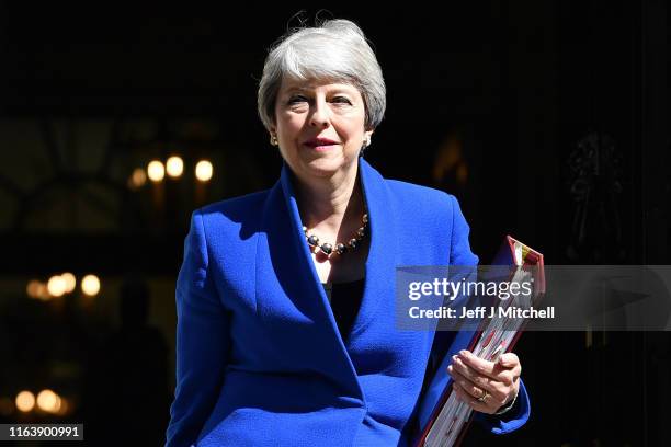 Prime Minister Theresa May leaves 10 Downing Street for her final PMQ's on July 24, 2019 in London, England. Theresa May has been leader of the...