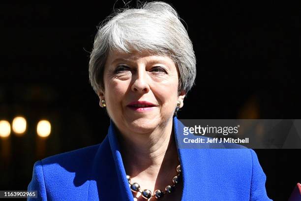 Prime Minister Theresa May leaves 10 Downing Street for her final PMQ's on July 24, 2019 in London, England. Theresa May has been leader of the...