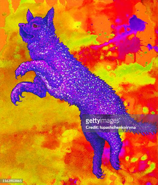 fashionable illustration allegory animals modern work of art my original oil painting on canvas symbolic portrait fantasy fairy dog from spreading drops of paint of red orange yellow and violet colors - beautiful hair at home stock illustrations