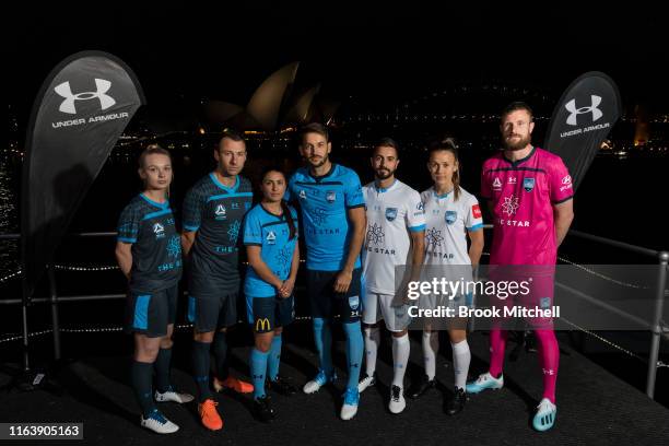 Liz Ralston, Adam Le Fondre, Teresa Polias, Milos Ninkovic, Michael Zullo, Angelique Hristodoulou and Andrew Redmayne pose during the Sydney FC...