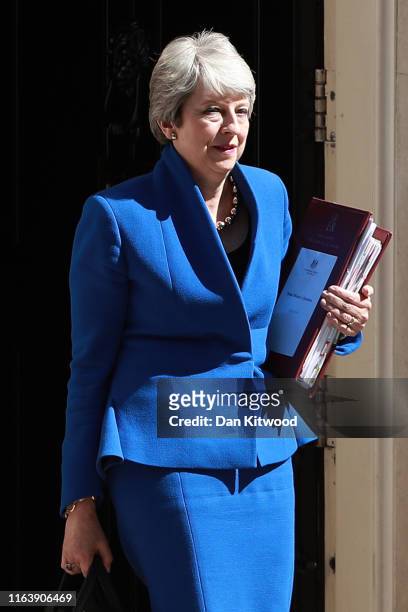 British Prime Minister Theresa May leaves Downing Street for her last PMQs as Prime Minister on July 24, 2019 in London, England. Theresa May has...