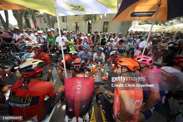 Start / Sonny Colbrelli of Italy and Team Bahrain-Merida / Gianni Moscon of Italy and Team INEOS / Lukasz Wisniowski of Poland and CCC Team / Alexey...