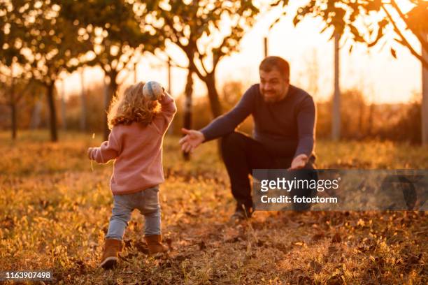 father playing catch with his toddler daughter at the park - throwing leaves stock pictures, royalty-free photos & images