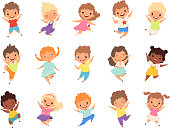 Jumping kids. Happy funny children playing and jumping in different action poses education little team vector characters