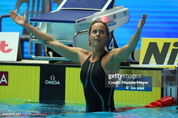 Federica Pellegrini of Italy celebrates after winning the Women's 200m Freestyle Final on day four of the Gwangju 2019 FINA World Championships at...