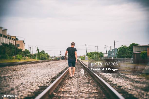 man en zijn hond lopen op de tracks - minder verzadiging stockfoto's en -beelden