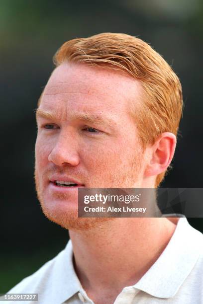 Team GB ambassador Greg Rutherford looks on during the Team GB British Olympic Association Tokyo 2020 One Year To Go Media Event at Media City on...