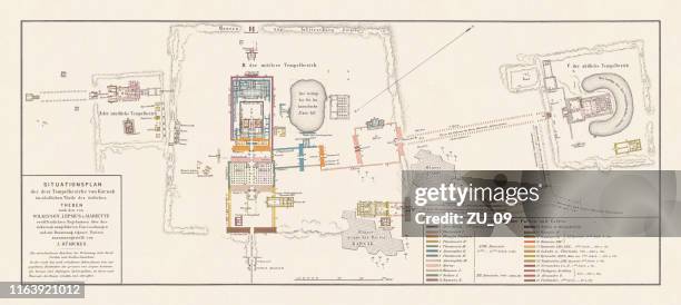 historische karte der tempel von karnak, theben, ägypten, lithographie, 1879 - archäologie stock-grafiken, -clipart, -cartoons und -symbole