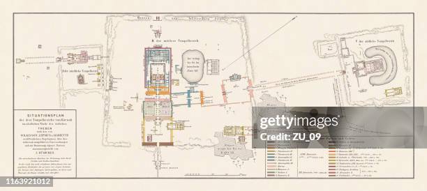 ilustraciones, imágenes clip art, dibujos animados e iconos de stock de mapa histórico de los templos de karnak, tebes, egipto, litografía, 1879 - arqueología
