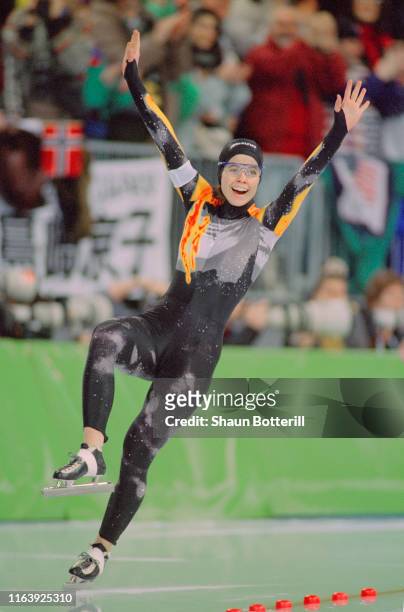 Franziska Schenk of Germany celebrates her third place bronze medal in the Women's 500m speed skating competition on 19th February 1994 during the...