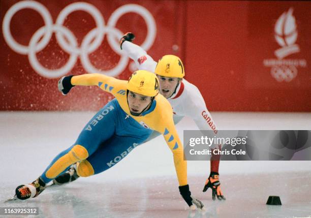 Lee Jun-Ho of South Korea in the Men's 5,000 metres Relay Short Track Speed Skating competition on 22nd February 1992 during the XVII Olympic Winter...