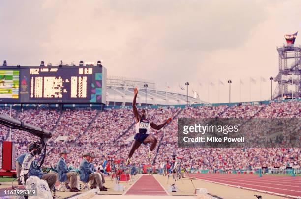 Carl Lewis of the United States competing in Men's Long Jump competition on 29th July 1996 at the XXVI Summer Olympic Games at the Alexander Memorial...