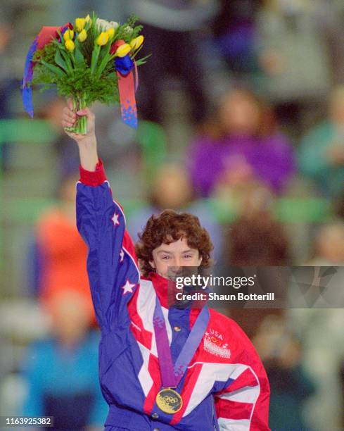 Bonnie Blair of the United States celebrates winning the gold medal in the Women's 1000m speed skating competition on 23rd February 1994 during the...