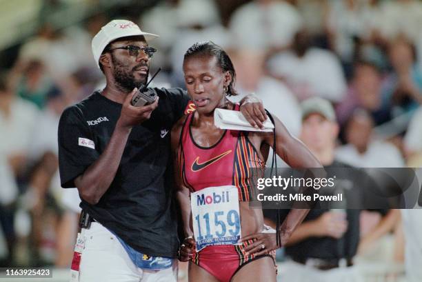 Jackie Joyner Kersee of the United States with her husband and coach Bobby Kersee during the Hepthalon competition of the United States Olympic Team...