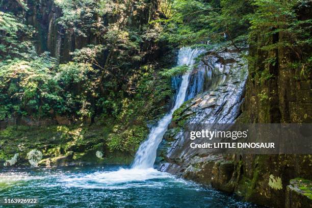 the nallow waterfall like a string  running down wide shiny huge rock. at akame 48waterfalls - mie prefecture stock pictures, royalty-free photos & images