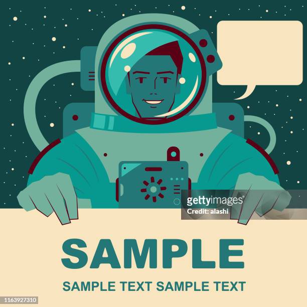 smiling handsome astronaut (spaceman) holding blank sign - spaceport stock illustrations