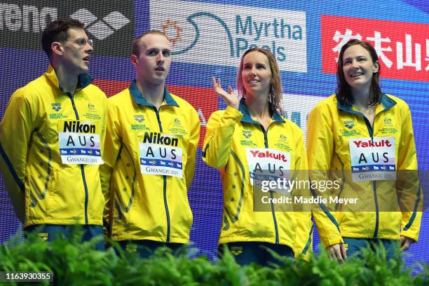 Gold medalists Mitch Larkin, Matthew Wilson, Emma McKeon and Cate Campbell of Australia pose during the medal ceremony for the Mixed 4x100m Medley...