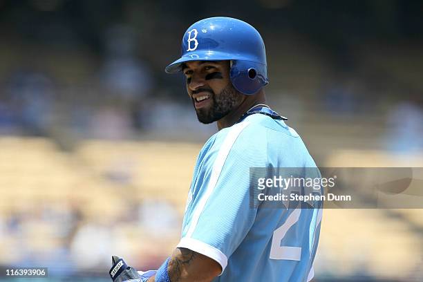Matt Kemp of the Los Angeles Dodgers wears the Brooklyn Dodgers