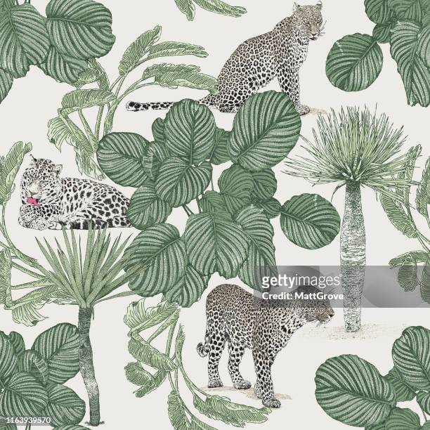 stockillustraties, clipart, cartoons en iconen met jungle naadloze herhaal patroon. luipaard, jaguar, palmen. - jaguar animal