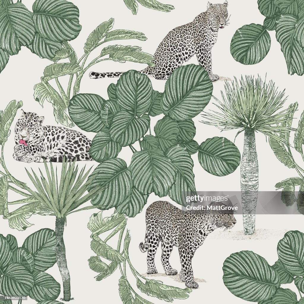 Jungle Seamless Repeat Pattern. Leopard, Jaguar, Palms.