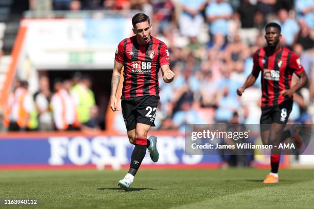 Harry Wilson of AFC Bournemouth celebrates after scoring a goal to make it 1-2 during the Premier League match between AFC Bournemouth and Manchester...