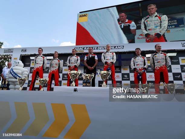 Second placed Sebastian Marshall and Kris Meeke from Britain, winners Martin Jarveoja , Tommi Makinen and Ott Tanak from Estonia and third placed...