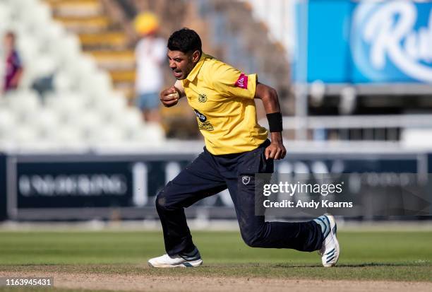 Jeetan Patel of Birmingham Bears celebrates after taking the wicket of Dwaine Pretorius of Northamptonshire Steelbacks during the Vitality Blast...