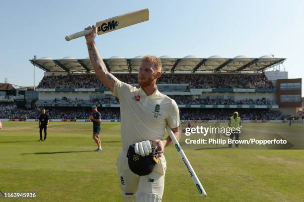 Ben Stokes of England reacts after hitting the winning run in the third Specsavers test match between England and Australia at Headingley Cricket...