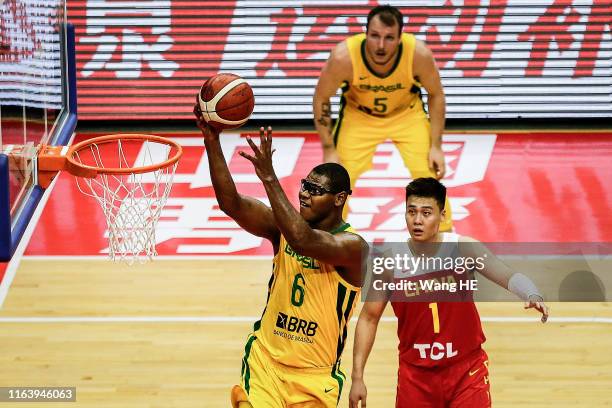 Cristiano Silva Felicio#6 of Brazil National Team shoots against China National Team during 2019 Sion BRAZIL Men's International Basketball Challenge...