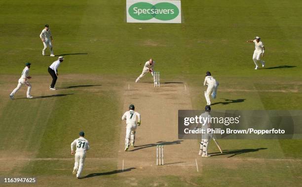 Nathan Lyon of Australia fails to catch the ball to run out Jack Leach during the third Specsavers test match between England and Australia at...