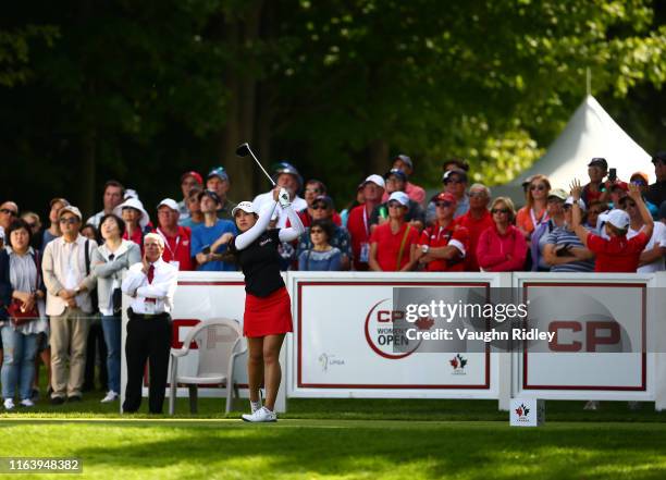 Pajaree Anannarukarn of Thailand hits her tee shot on the 1st hole during the final round of the CP Women's Open at Magna Golf Club on August 25,...